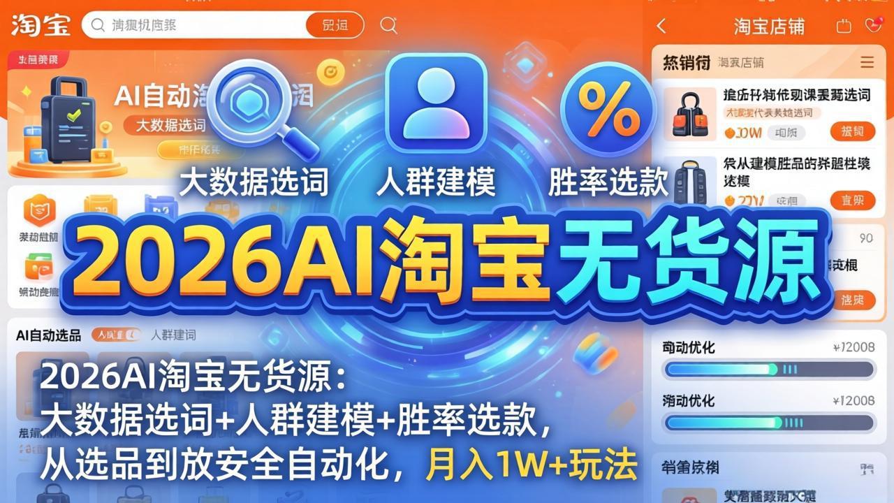 2026AI淘宝无货源：大数据选词+人群建模+胜率选款，从选品到放大全自动化，月入1W+玩法-源创文化-轻创终点站