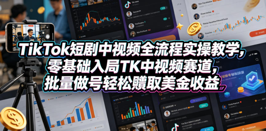 TikTok短剧中视频全流程实操教学，零基础入局TK中视频赛道，批量做号轻松賺取美金收益-源创文化-轻创终点站