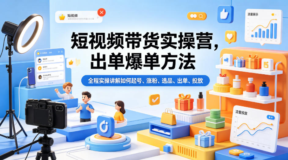 短视频带货实操营，出单爆单方法，全程实操讲解如何起号、涨粉、选品、出单、投放-源创文化-轻创终点站